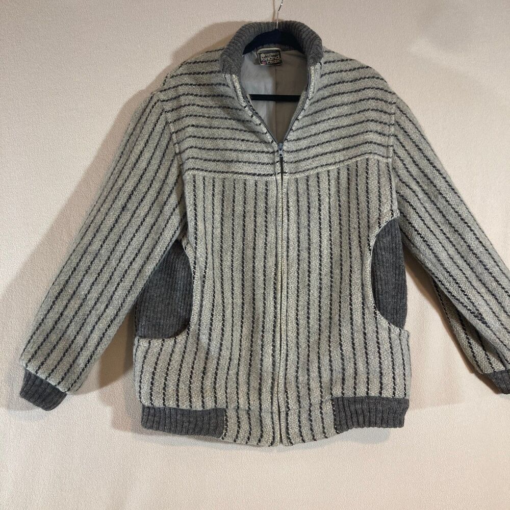 Samband of Iceland Wool Jacket Sz Large Vertical Stripe Zip Up Collar‎ Vintage